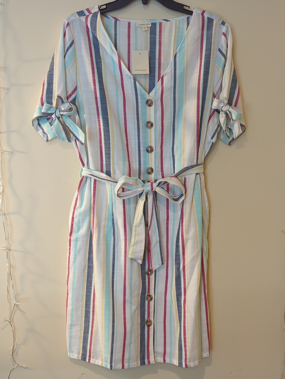 NWT Jennifer Grace Multicolor Striped Button-Front Belted Dress, Size L